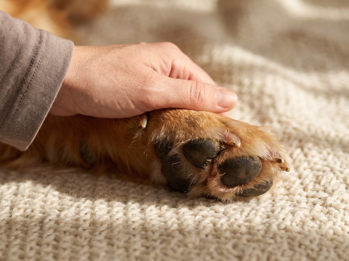 Close-up of dog paw showing sensitive paw pad and nails