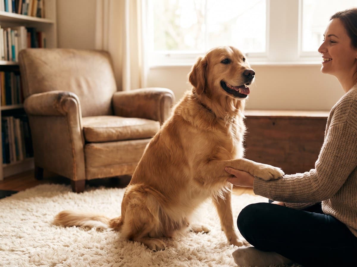 Happy relaxed dog with owner after stress-free nail care