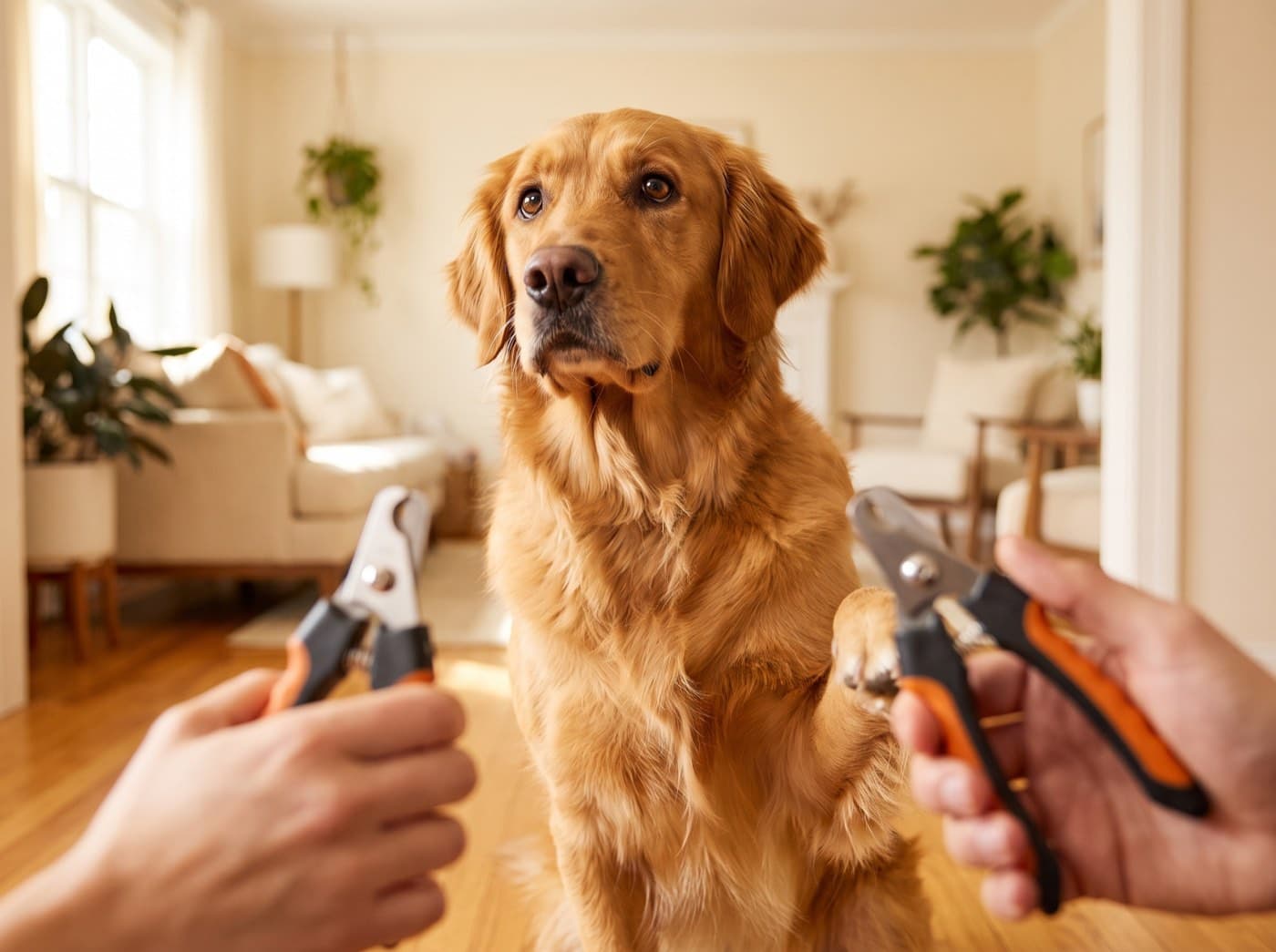 Anxious dog looking at nail clippers held by owner