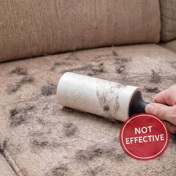Lint roller failing to remove embedded pet hair from a sofa