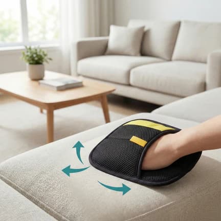 ShedEase pad swiping across a sofa to collect embedded pet hair